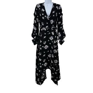 Liquorish Dark Floral Midi Dress 8 Long Sleeve Asymmetric Belted Faux Wrap Goth